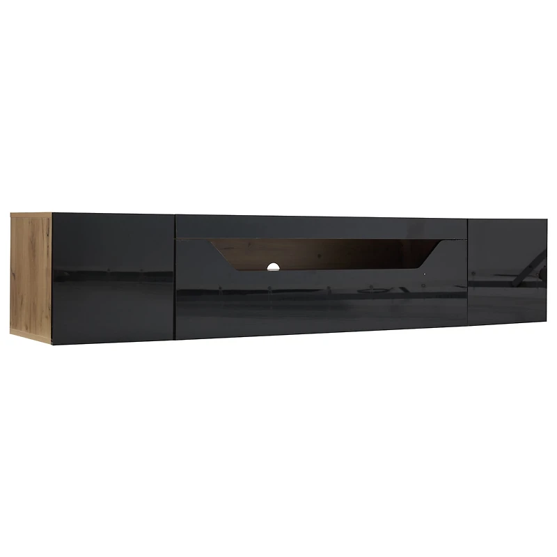 Homy Casa 64.9" Floating TV Stand for TVs up to 65", Wall Mounted Media Console with App-Controlled LED, Black Gloss & Oak