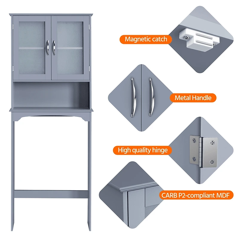 FullFurnique Freestanding Over-the-Toilet Storage Cabinet with 2 Tempered Glass Doors and 1 Open Shelf, Gray