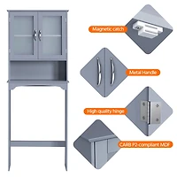 FullFurnique Freestanding Over-the-Toilet Storage Cabinet with 2 Tempered Glass Doors and 1 Open Shelf, Gray
