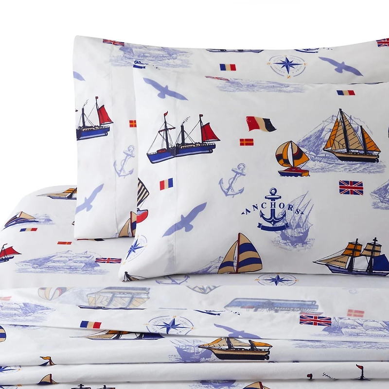 Literie toutes saisons en percale de coton doux et profond, motif bateau à voile, pour enfants et tout-petits, motif marine