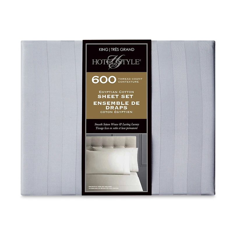 Ensemble de draps pour lit adulte en coton égyptien gris rayures 600 contexture, 4 pièces, hotel style, grand lit - Poche profonde Ensemble de draps grand lit