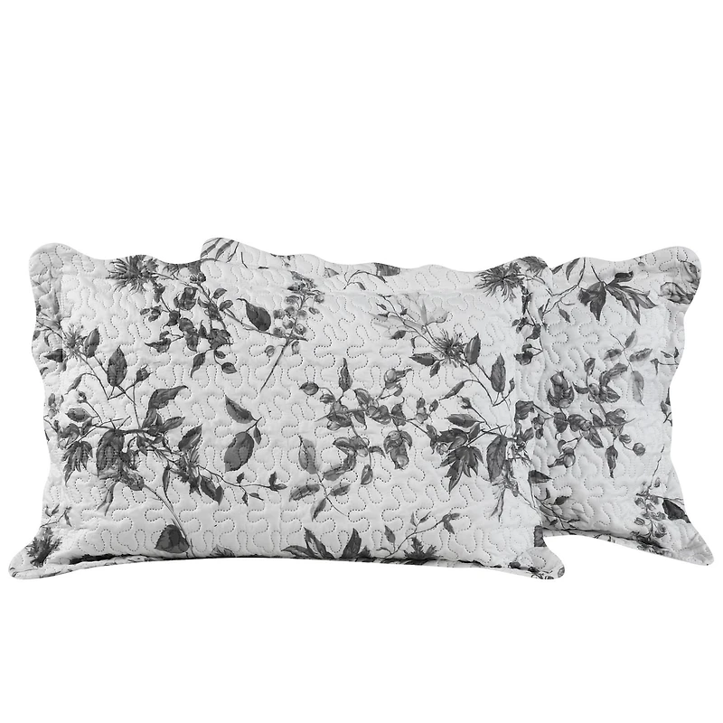 Marina Decoration Parure de lit ultra douce avec couvre-lit en tissu Pinsonic imprimé en relief et taies d'oreiller, motif branches florales de chrysanthème gris