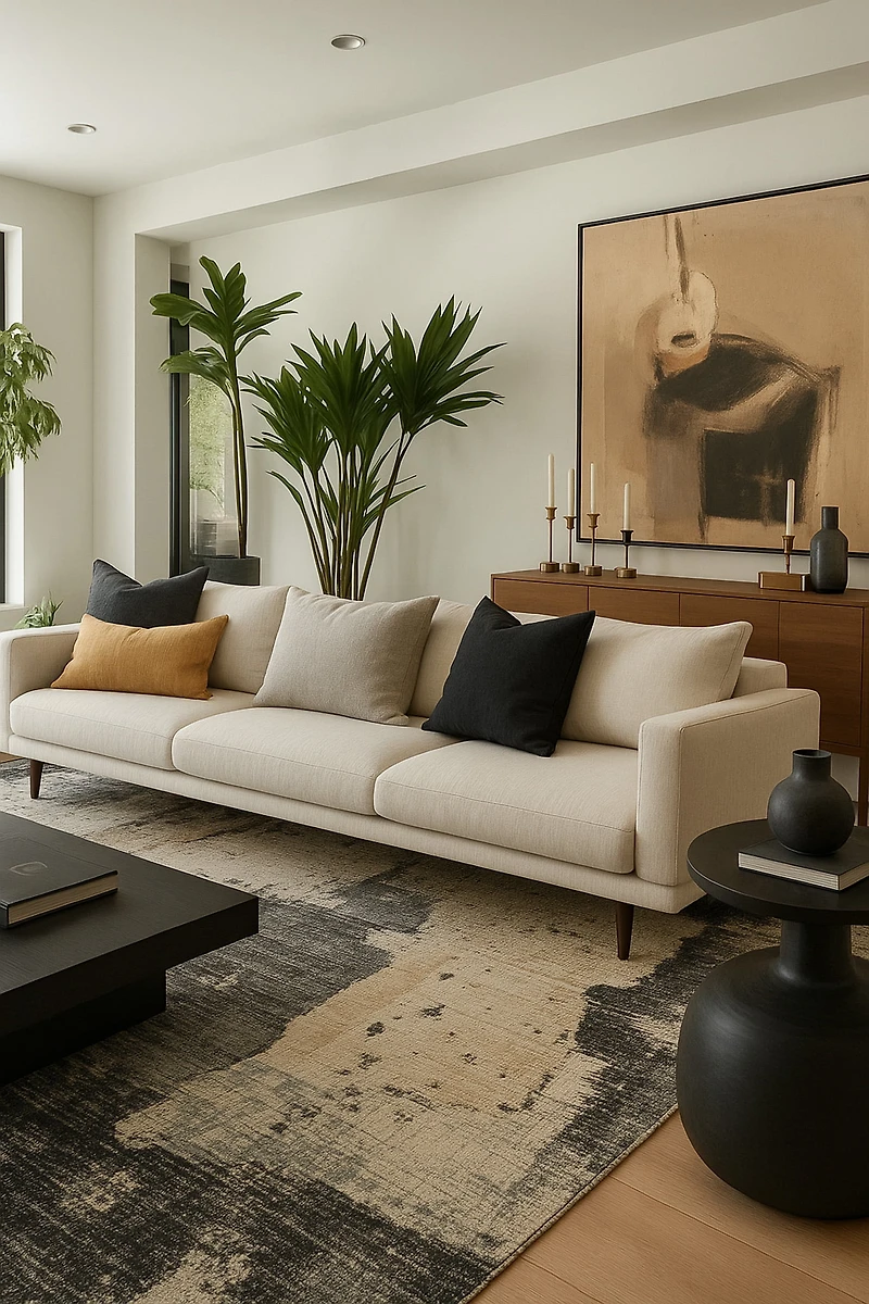 Tapis d'interieur abstrait Rug Branch Nomad, noir beige, moderne - Salon, chambre, salle a manger et cuisine