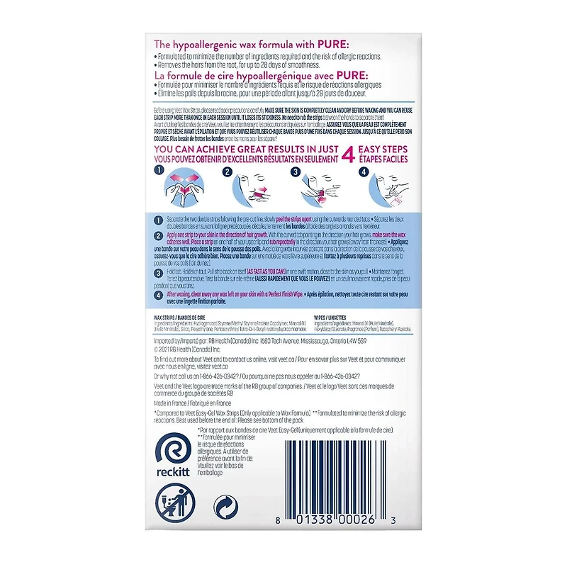 VEET® PURE Bandes de Cire à Froid pour le Visage, Peau Sensible