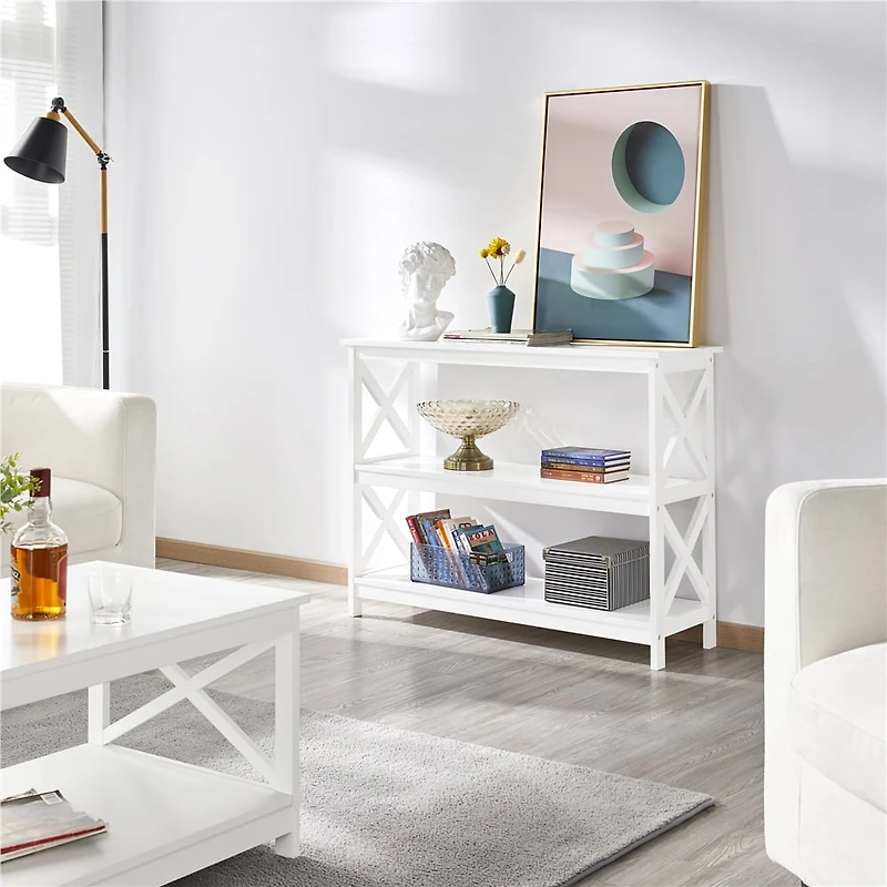 FULLFURNIQUE  3-Tier Console Table Entryway Table with X-shape Reinforcement Structures for Living Room, White