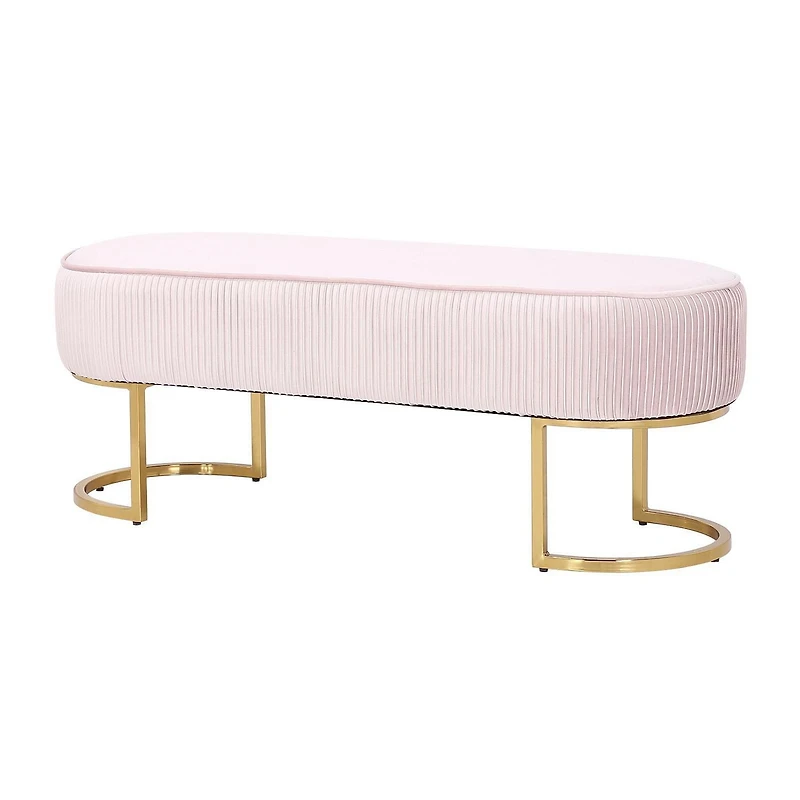Banc Elinor, banc en velours, banc ovale en velours, banc ovale avec pieds dorés, banc sans dossier, repose-pieds en velours bleu, banc de chambre à coucher, banc d'entrée, banc de salon