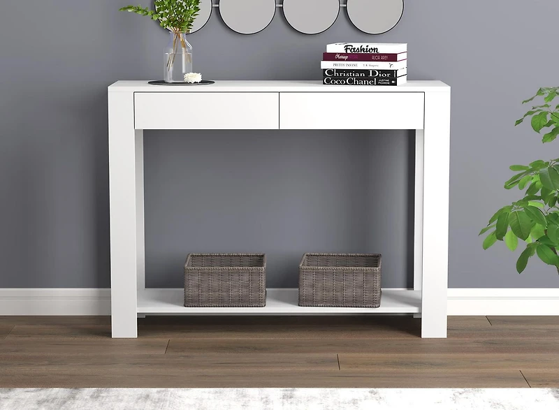 Safdie & Co. Table Console 40" Blanche Avec 2 Tiroirs, 1 Étagère