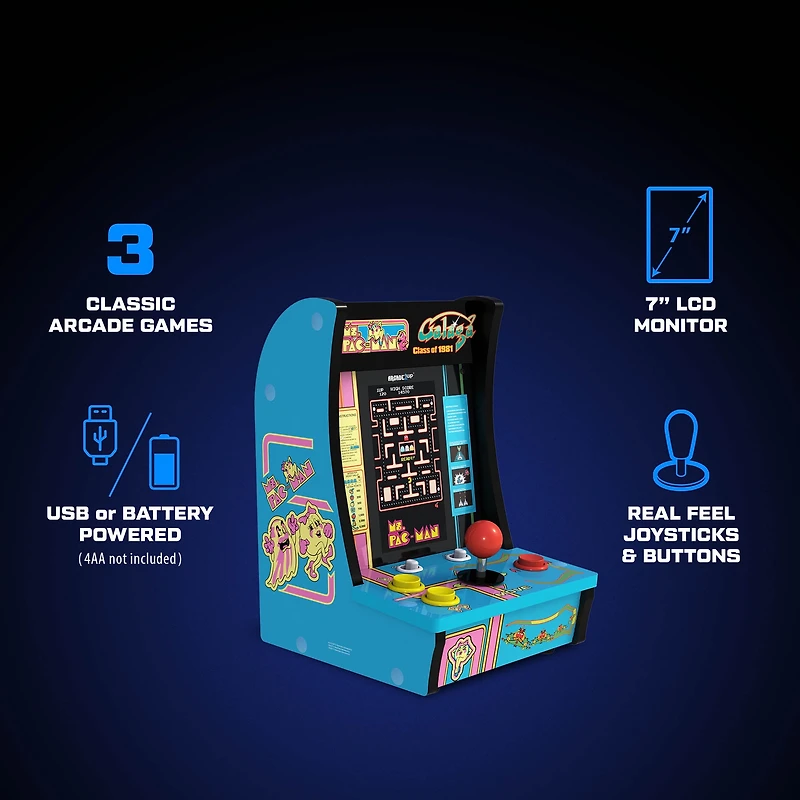 Arcade1Up Class of ‘81 Ms. PAC-MAN / GALAGA Countercade – 3 Classic Games, Retro Game Console for Home, Portable Console with 7-inch Screen, Table-top Video Game for Game Room