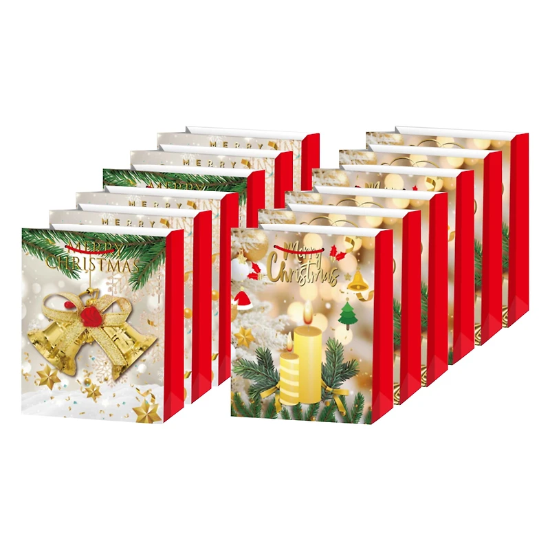Sacs Cadeaux De Noël (Joyeux Noël Doré) (Assortiment) (Grand) - Lot De 12