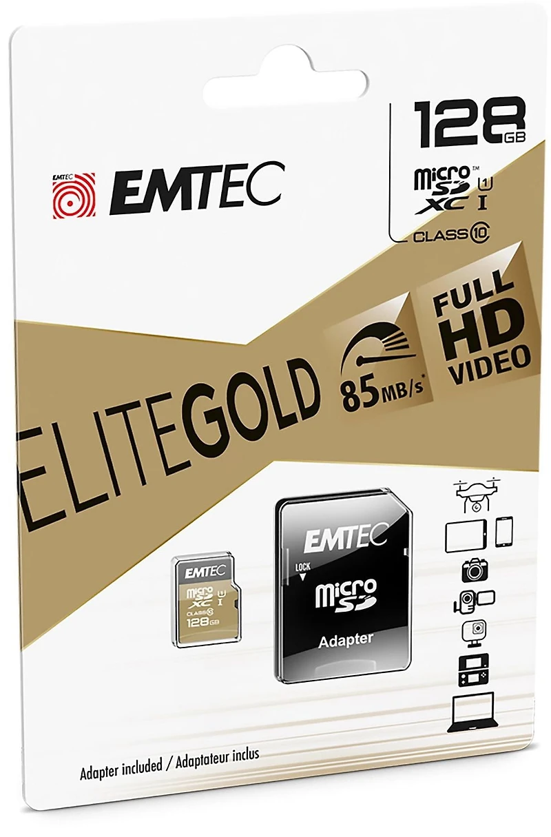 Carte à mémoire SD + adaptateur CL10 U1 d'Emtec de 128 Go de la collection d'or EMTEC MSD U1 128Go