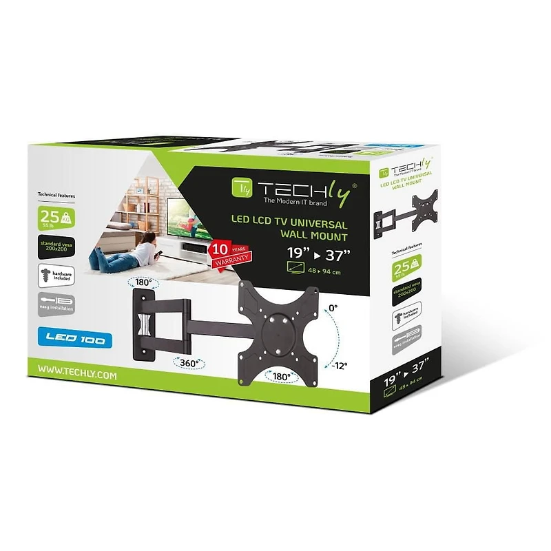Techly 19-37" Tilt/Swivel LCD/LED TV Wall Mount- 2 Joints Tilt +/-12° - VESA up to 200x200 mm - Holds up to 25 kg, Black