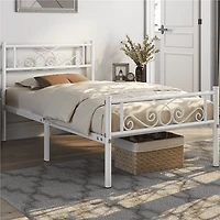 Fullfurnique Cadre de Lit Métallique avec Tête et Pied de Lit à Volutes, Deux Places, Blanc