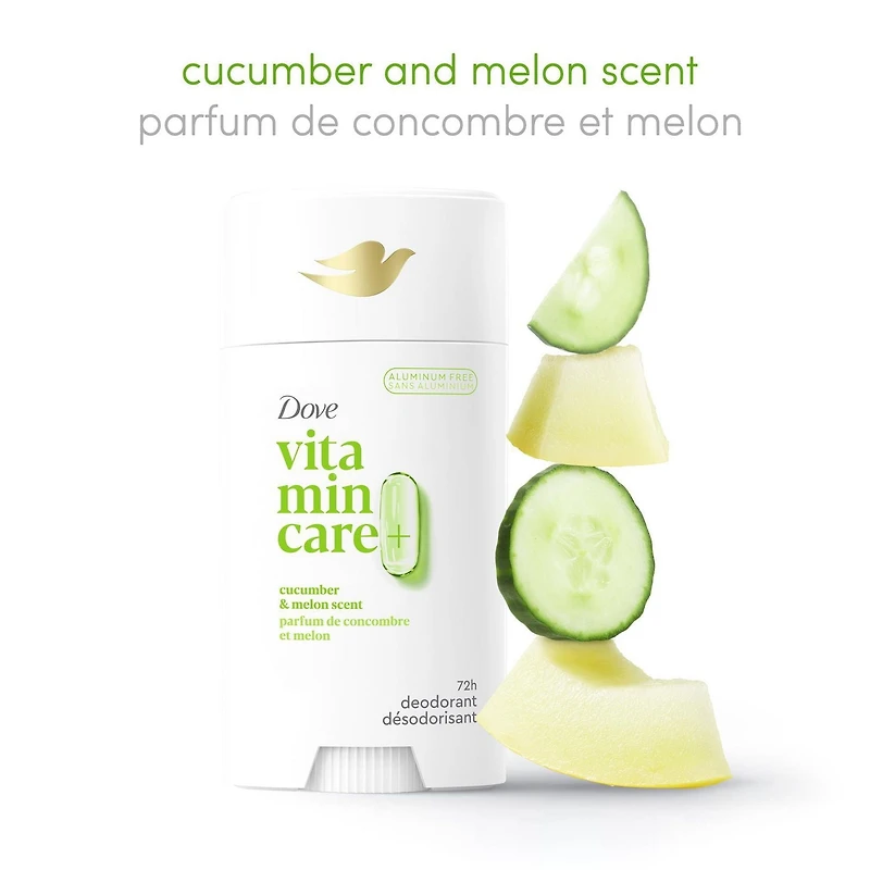 Dove Vitamin Care+ Cucumber & Melon Scent Aluminum-Free Deodorant Stick, 72h Breathable Odour Protection, 74g