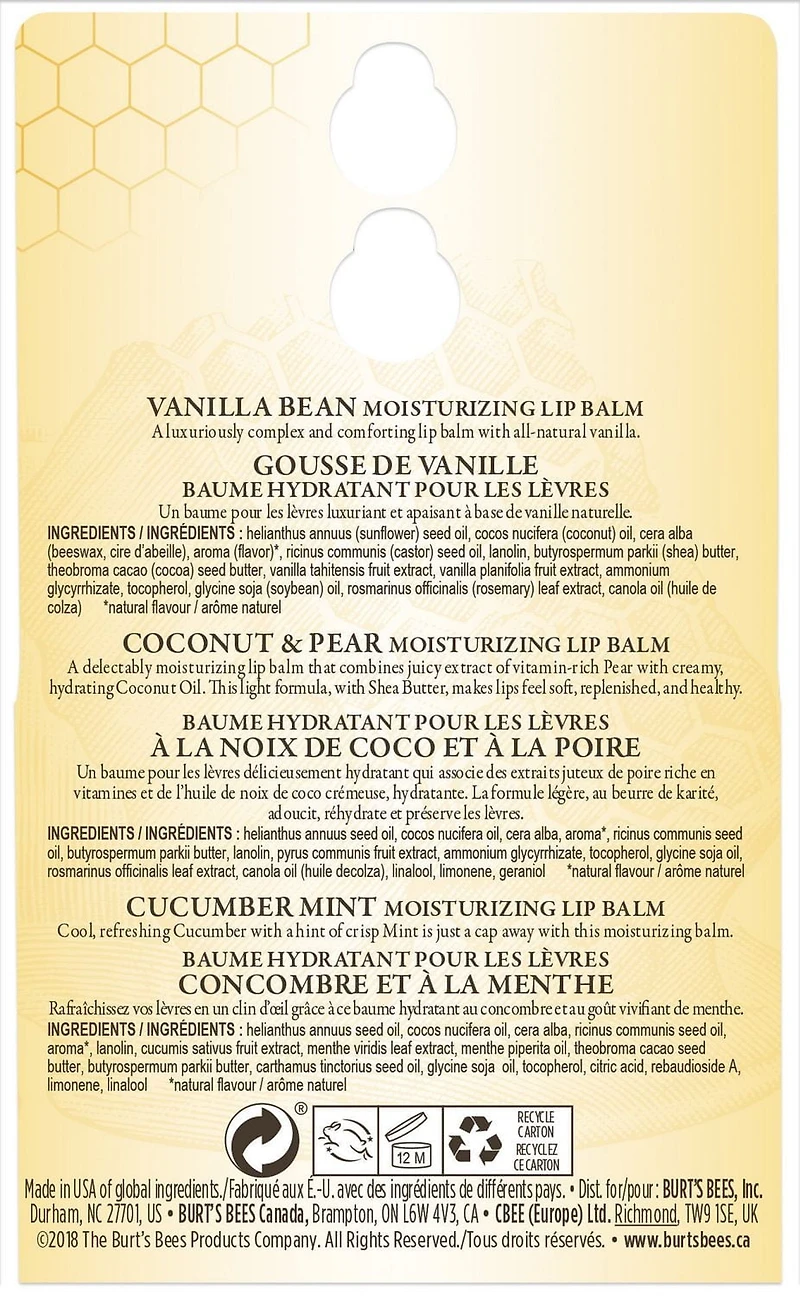 Burt’s Bees® 100% Natural Origin Moisturizing Lip Balm, Assorted Flavours with Fruit Extracts - 3 Pack