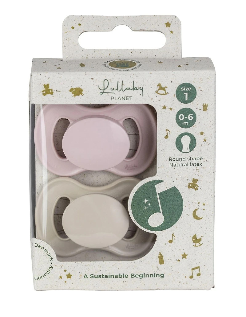 Lullaby Planet Pacifiers 2 Pack | Adorable Round Latex Design | Functional Fashionable & Comfortable Design | Rose Quartz & Beach Sand | 0-6 Months, Functional Fashionable & Comfortable Design