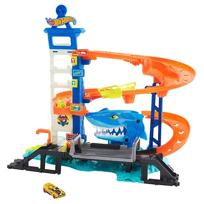 Hot Wheels Track Set and 1:64 Scale Toy Car, City Shark Escape, Multi-Level Playset