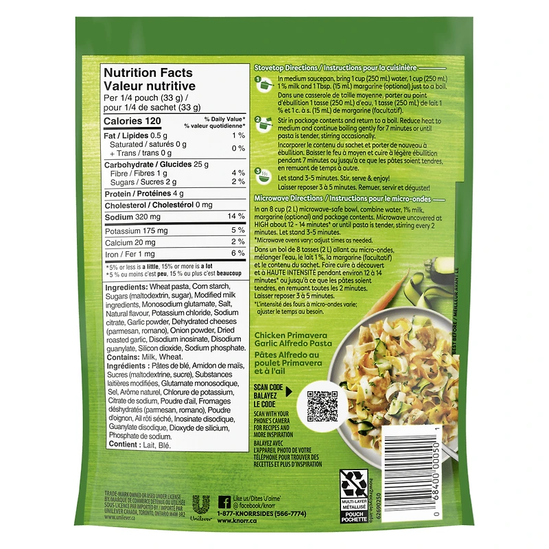 Knorr Sidekicks Garlic Alfredo Fettuccine Pasta, 133 g Side Dish