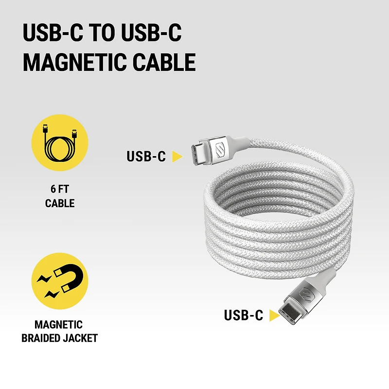 Câble tressé de recharge magnétique 60 watts USB-C à USB-C Strikeline CCBM6WT-SP Scosche 1,8 m, blanc (FRENCH) GOI F&B - Item Short Description