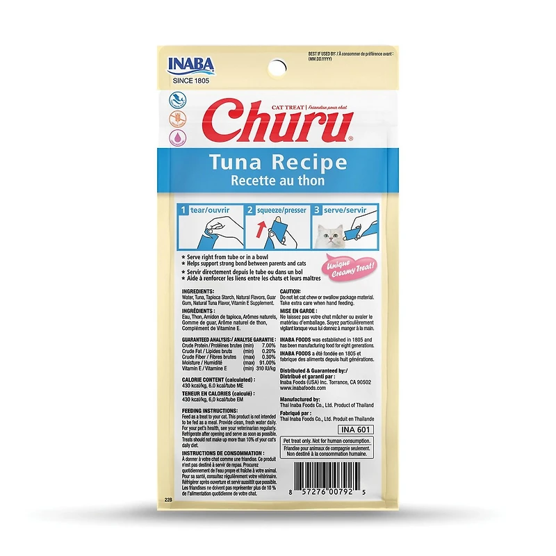 INABA Churu Cat Treats, Grain-Free Lickable Creamy Purée with Vitamin E - Tuna Recipe, 4 tubes 56g (4x14g)