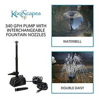KoolScapes 340 GPH Pond Pump with 2 Interchangeable Fountain Nozzles, Outdoor Water Pump for Garden Features