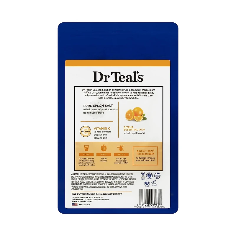 Dr Teal's Solution de trempage au sel d'Epsom pur, Éclat et rayonnement avec vitamine C et huiles essentielles d'agrumes, 1.36 kg