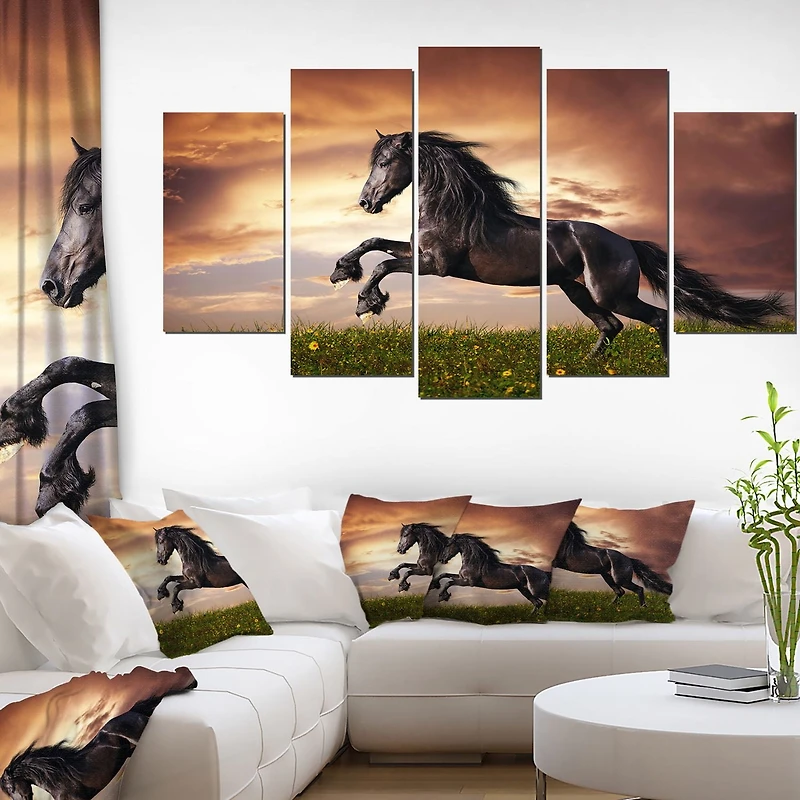 Design Art Black Friesian Horse Gallop Canvas Print
