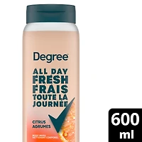 Degree All Day Fresh Body Wash, Fresh Citrus, Deep Cleansing for Hydrated Skin, Made with Plant Based Cleansers, 600mL