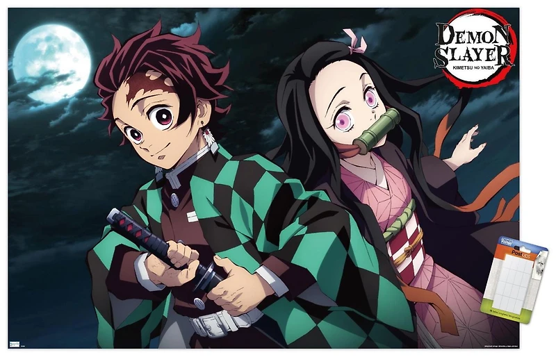 Demon Slayer - Tanjiro & Nezuko Night 22.375" x 34" Wall Poster with Push Pins, by Trends International