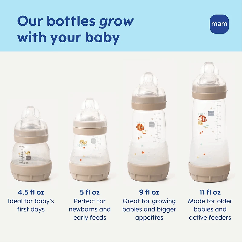MAM Easy Start Biberons pour Bébé Anti-Coliques Mats, Biberons 2x9oz, Biberons à Débit Moyen avec Tétine en Silicone, Biberons Unisexe pour Bébé