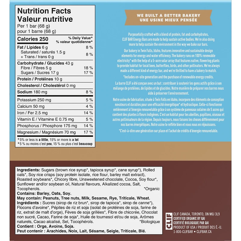 CLIF BAR Energy Bars, Chocolate Brownie, Granola Bar, High in Protein, Contains 70% Organic Ingredients, (Pack of 5), 340 g
