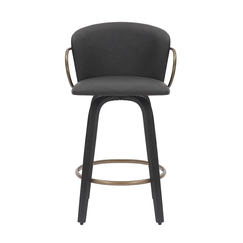 Mid-Century Faux Leather, Wood and Metal 26" Counter Stool with Swivel, Set of 2 - Charcoal, Black and Aged Gold
