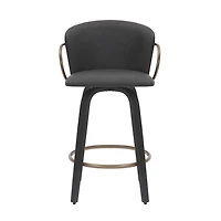 Mid-Century Faux Leather, Wood and Metal 26" Counter Stool with Swivel, Set of 2 - Charcoal, Black and Aged Gold