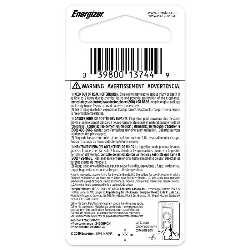 Pile miniature au lithium Energizer 2450, emballage de 2