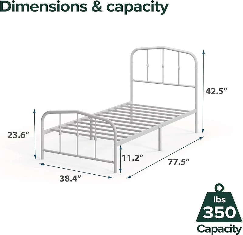 Zinus Heidi Metal Platform Bed Frame with Headboard, White