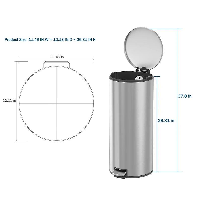 Poubelle de cuisine Better Homes & Gardens, 30 litres, en acier inoxydable, ronde, à pédale, avec couvercle à fermeture douce, argentée