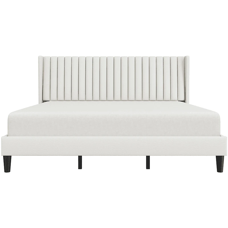 Fullfurnique Upholstered Bed Frame with Wing Side and Channel Headboard, King, Ivory