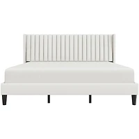 Fullfurnique Upholstered Bed Frame with Wing Side and Channel Headboard, King, Ivory