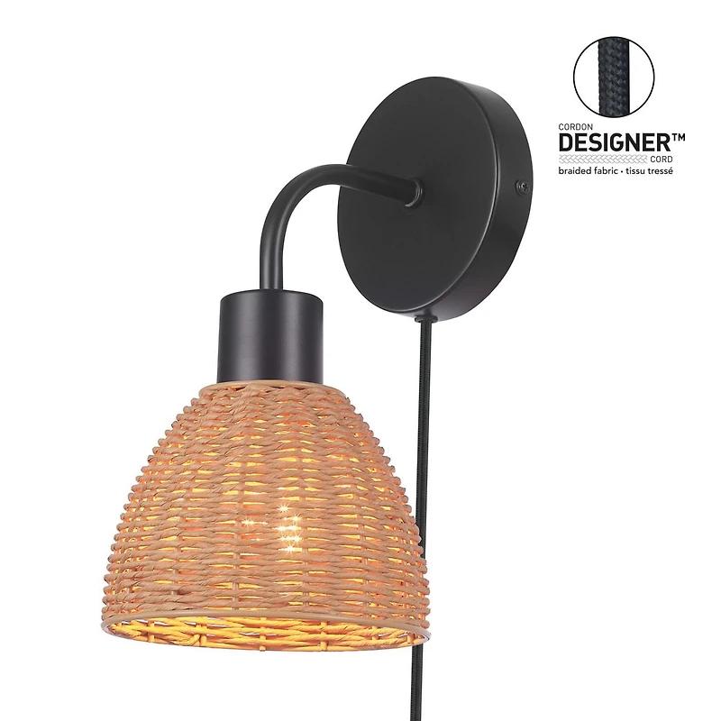 Briar 1-Light Matte Black Plug-In or Hardwire Wall Sconce with Rattan Shade, 91004447