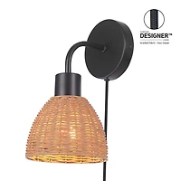 Briar 1-Light Matte Black Plug-In or Hardwire Wall Sconce with Rattan Shade, 91004447