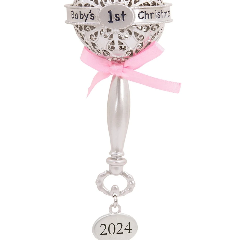 Hallmark Christmas Ornament (Baby's First Christmas Silver Baby Rattle With Pink Ribbon 2024 Premium Metal)