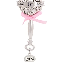 Hallmark Christmas Ornament (Baby's First Christmas Silver Baby Rattle With Pink Ribbon 2024 Premium Metal)