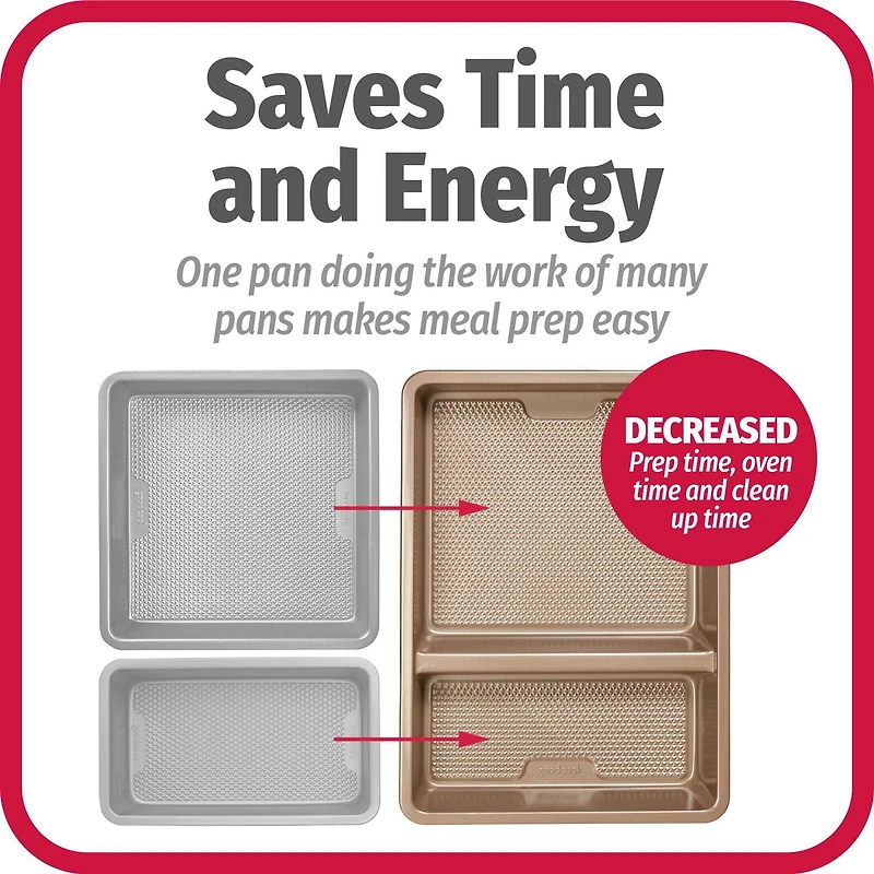 Plaque oblongue en acier au carbone épais, texturée à losanges avec compartiments BestBake MultiMeal de GoodCook et indicateurs sur les côtés pour personnaliser les recettes, 9 po x 13 po, bronze GC BESTBAKE MULTIREPAS OBLONG, 9 X 13 PO