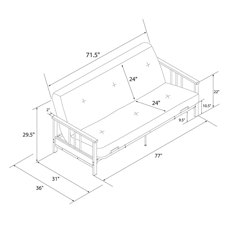 Harlow Full Metal Arm Futon with 6” Thermobonded High Density Polyester Fill Futon Mattress