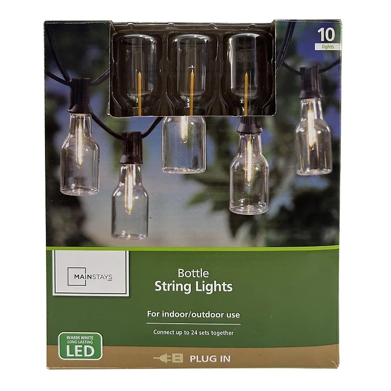 Mainstays 10-count Warm White LED Bottle String Lights - Black Wire, LED String Lights