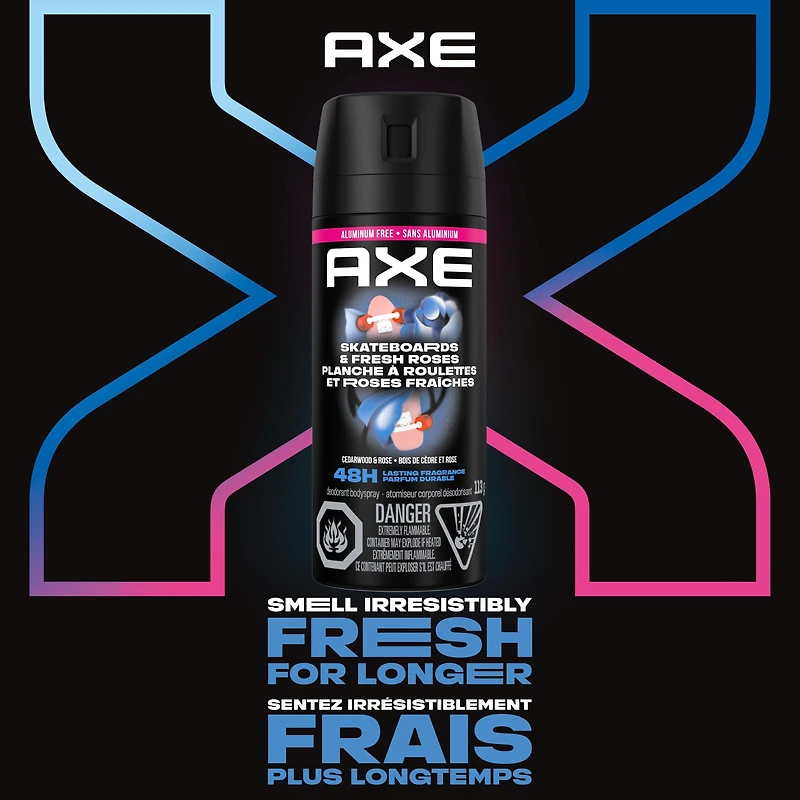 Désodorisant pour une protection contre les odeurs, AXE Planche à Roulettes et Roses Fraîches Bois de Cèdre & Rose, 113g 113 g Atomiseur corporel