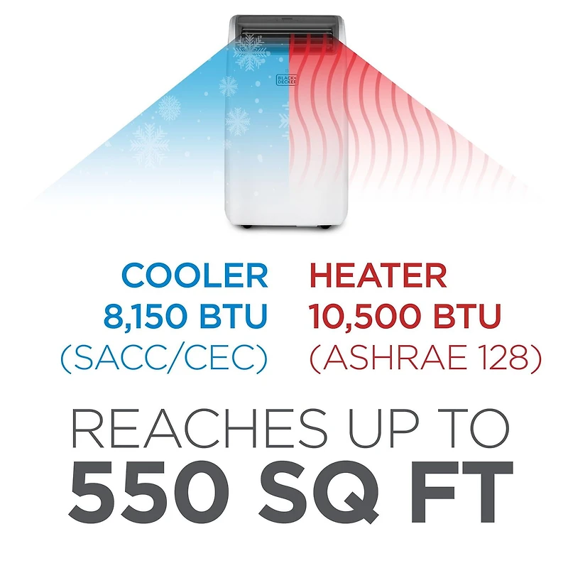 Climatiseur portatif avec chauffage Black + Decker, 8 150 BTU SACC/CEC (12 000 BTU ASHRAE 128) avec chauffage 10 500 BTU pour pièces jusqu'à 550 pi2, blanc