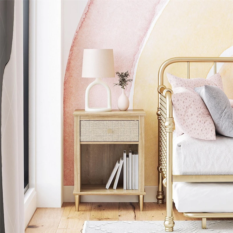 Little Seeds Shiloh Nightstand with Drawer and Lower Shelf, Natural and Rattan