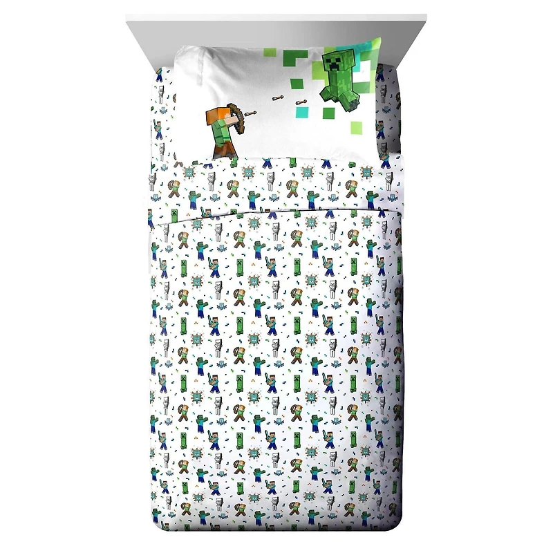 Minecraft Ensemble de Draps 3-Pièces pour Lit 1 Place, 100% Polyester Pour Lit 1 Place