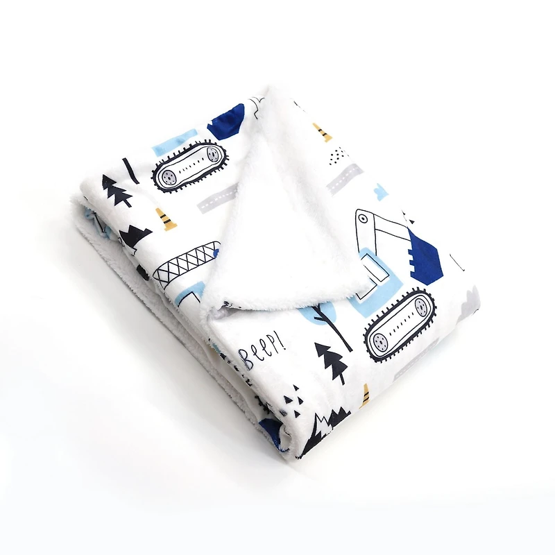 Marina Decoration Reversible Rich Printed Woven Fluffy Plush Soft Warm Flannel Fleece Children Throw Sherpa Kids Blanket, 40 x 50 Inch Cartoon Truck with White Base Pattern