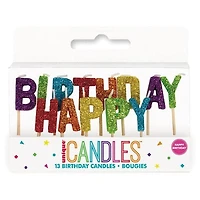 Rainbow Glitter "Happy Birthday" Letter Pick Birthday Candles, Each letter measures approximately 0.5" x 0.25" x 2.5" (W x D x H)